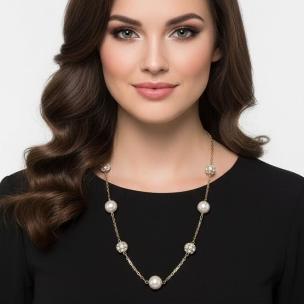 Faux Pearl Rhinestone Station Necklace Silver Tone Statement Jewelry